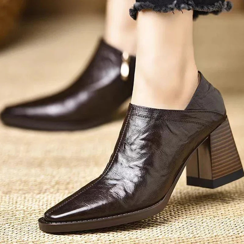 Pointed Toe Women Leather Shoes Mid Heels Fashion Casual Shoes Woman 2025 Trendy Cozy Elegant Chunky Shoe.