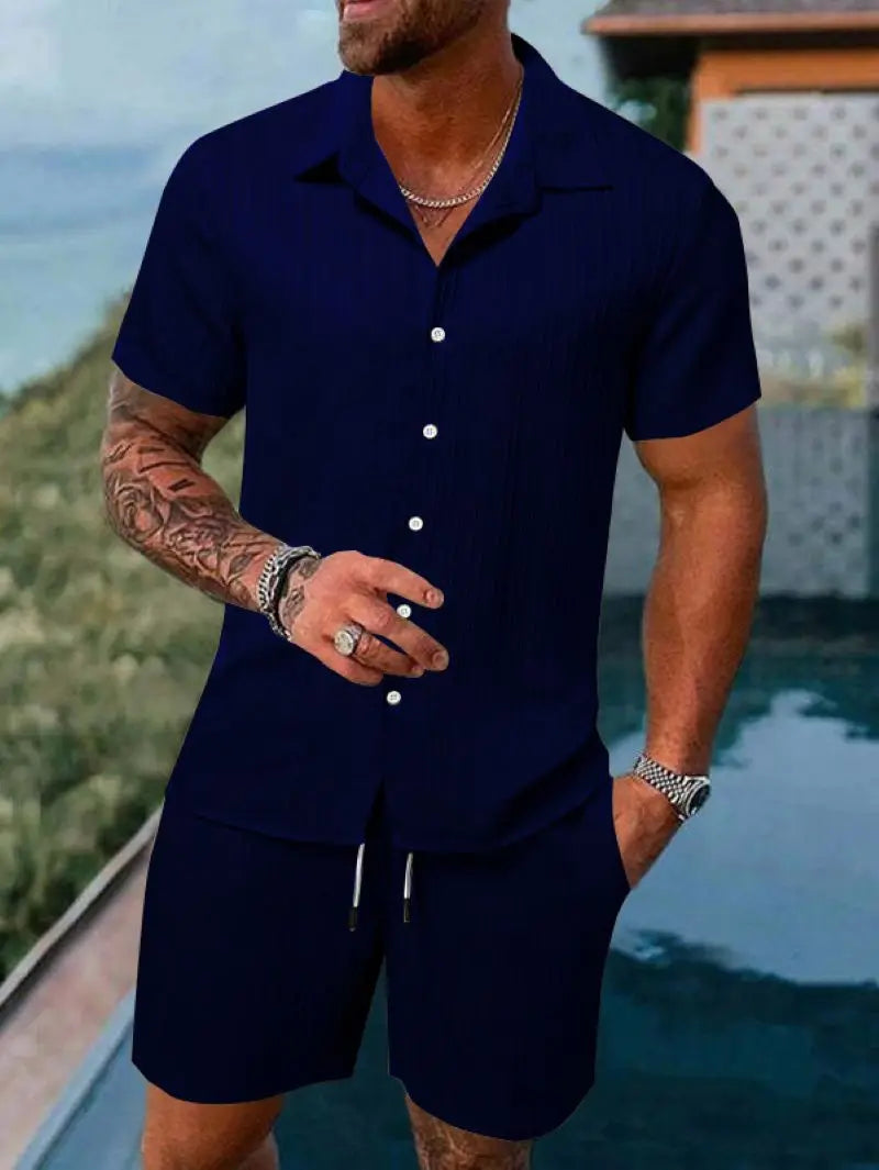 Spring and summer European Style new men's striped jacquard loose shorts and shirt set. S-3x