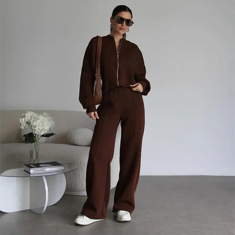 Casual Pants Set Women Spring Autumn Zip Up Jacket Loose Elastic Waist Trousers Suit.
