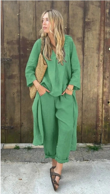 New Women's Pocket V-neck 2-piece Set Solid Loose Casual Women's Clothing Fashion Elegant Two Piece Outfits Woman. S-3X