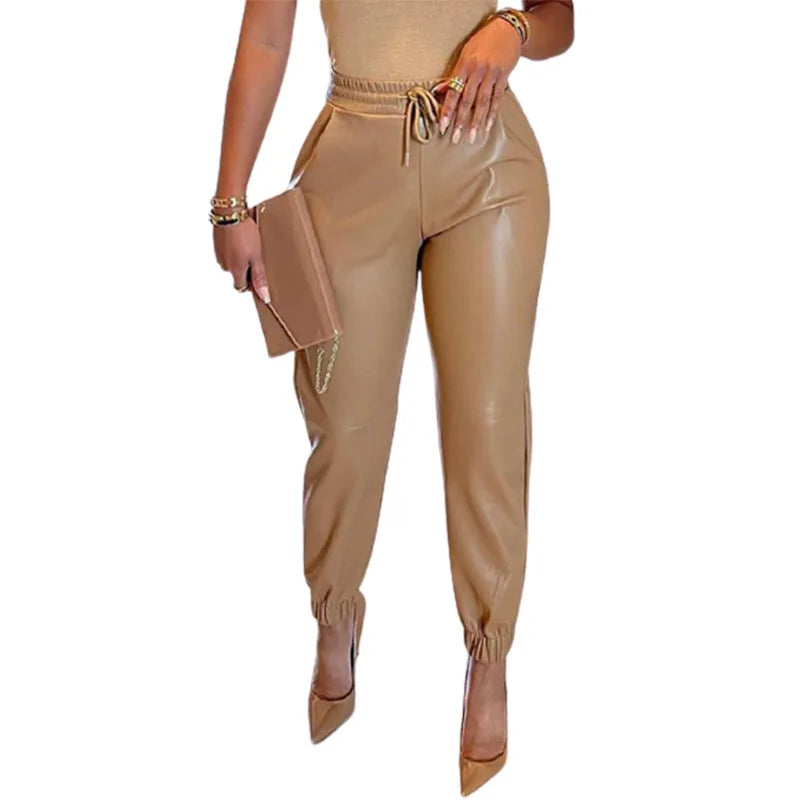 Women's New PU Leather Fashion Elastic Waist Long Pants Vintage Elegant Casual Loose Fit Women's Pants. S-3X