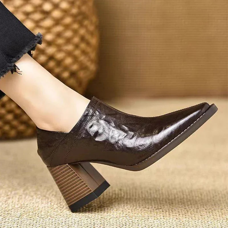 Pointed Toe Women Leather Shoes Mid Heels Fashion Casual Shoes Woman 2025 Trendy Cozy Elegant Chunky Shoe.