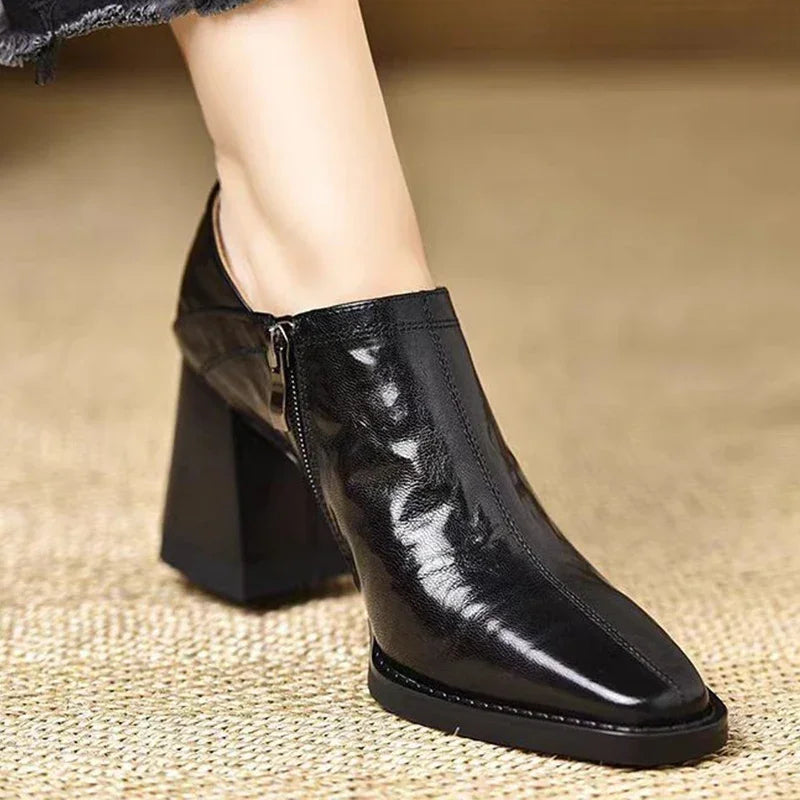Pointed Toe Women Leather Shoes Mid Heels Fashion Casual Shoes Woman 2025 Trendy Cozy Elegant Chunky Shoe.