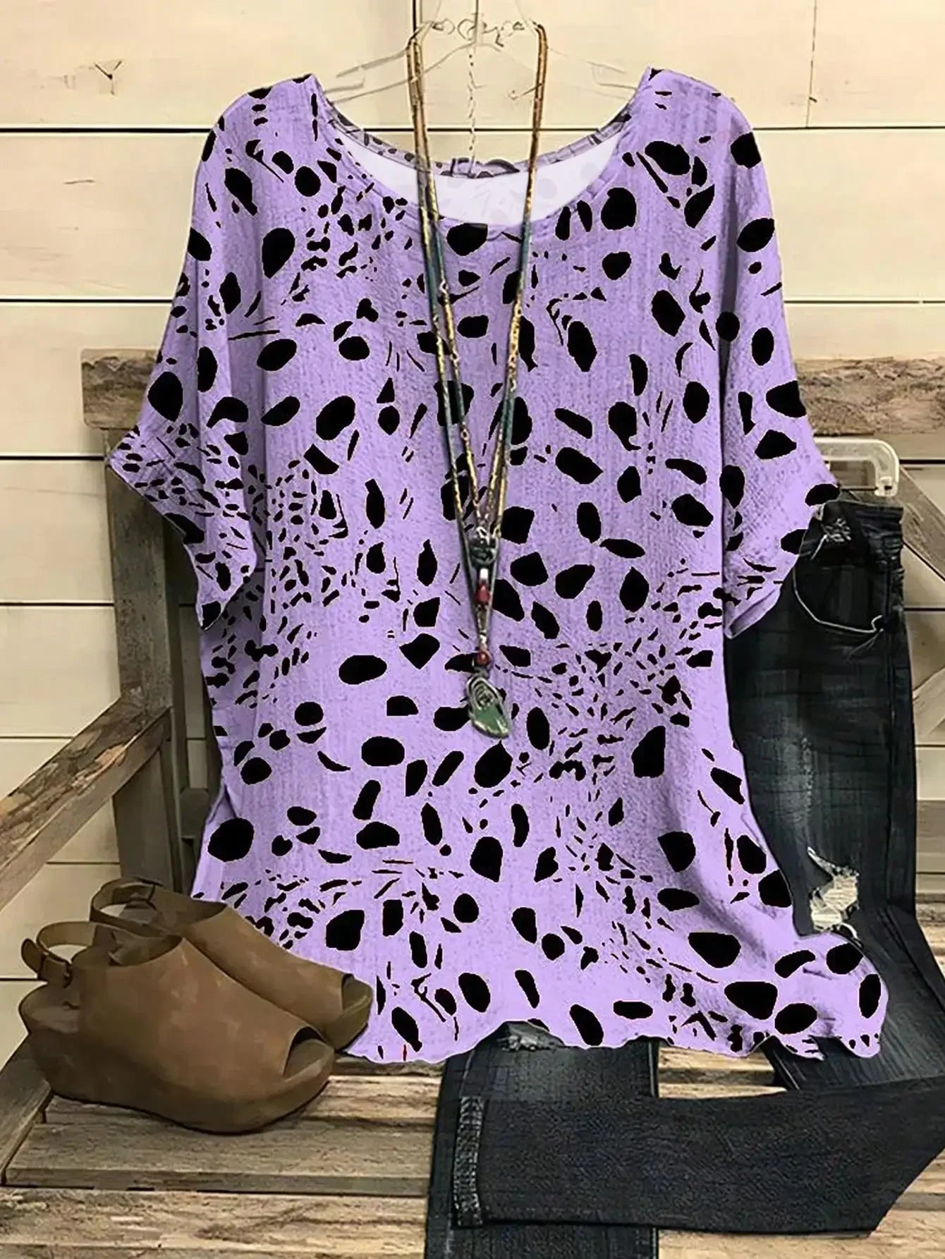 Plus Size 1XL-5XL Women Casual Loose Spot Print Blouse Fashion Vintage Round Neck.