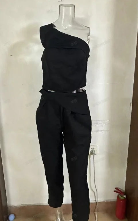 Ladies Pants and Blouse Set Summer Diagonal Collar Hanging Neck Slim Fit Top and High Waist Straight Leg Pant Suit. S-3x