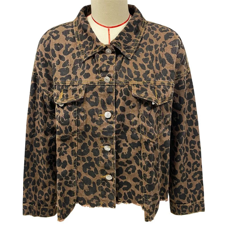 Fashion Leopard Print Tassel Hem Casual Lapel Single-breasted Denim Jacket. S-XL