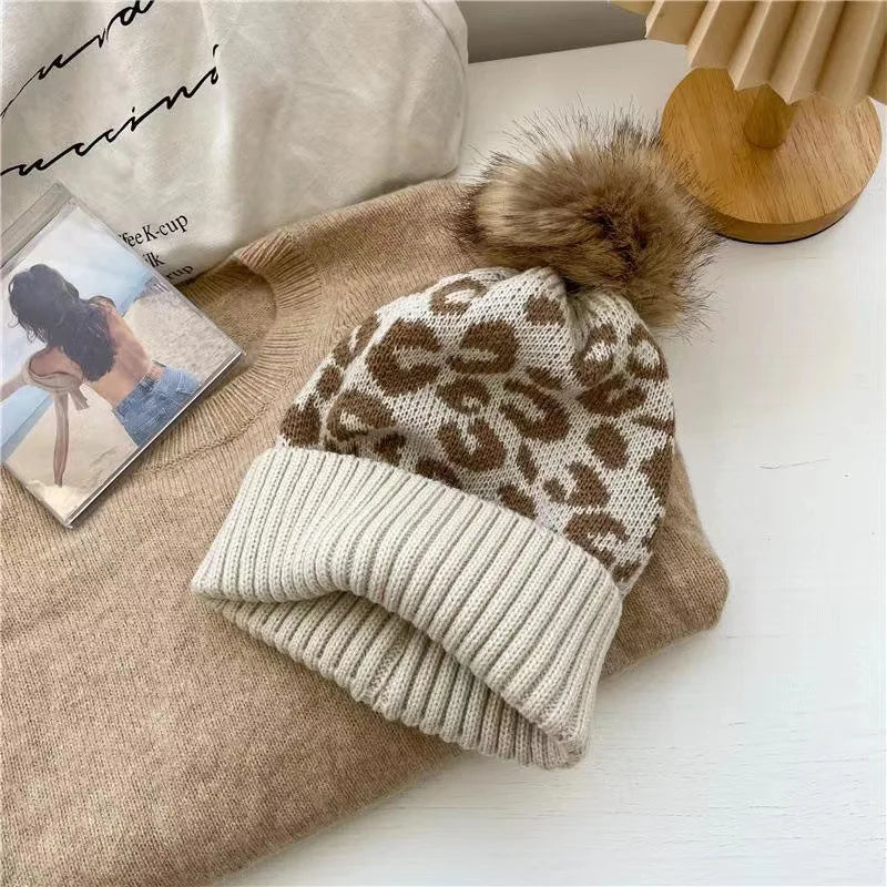 Fashion Hat/Beanie Leopard Print Curly Hem Hairball Knitted women's Outdoor Warm Thick men's Hat.