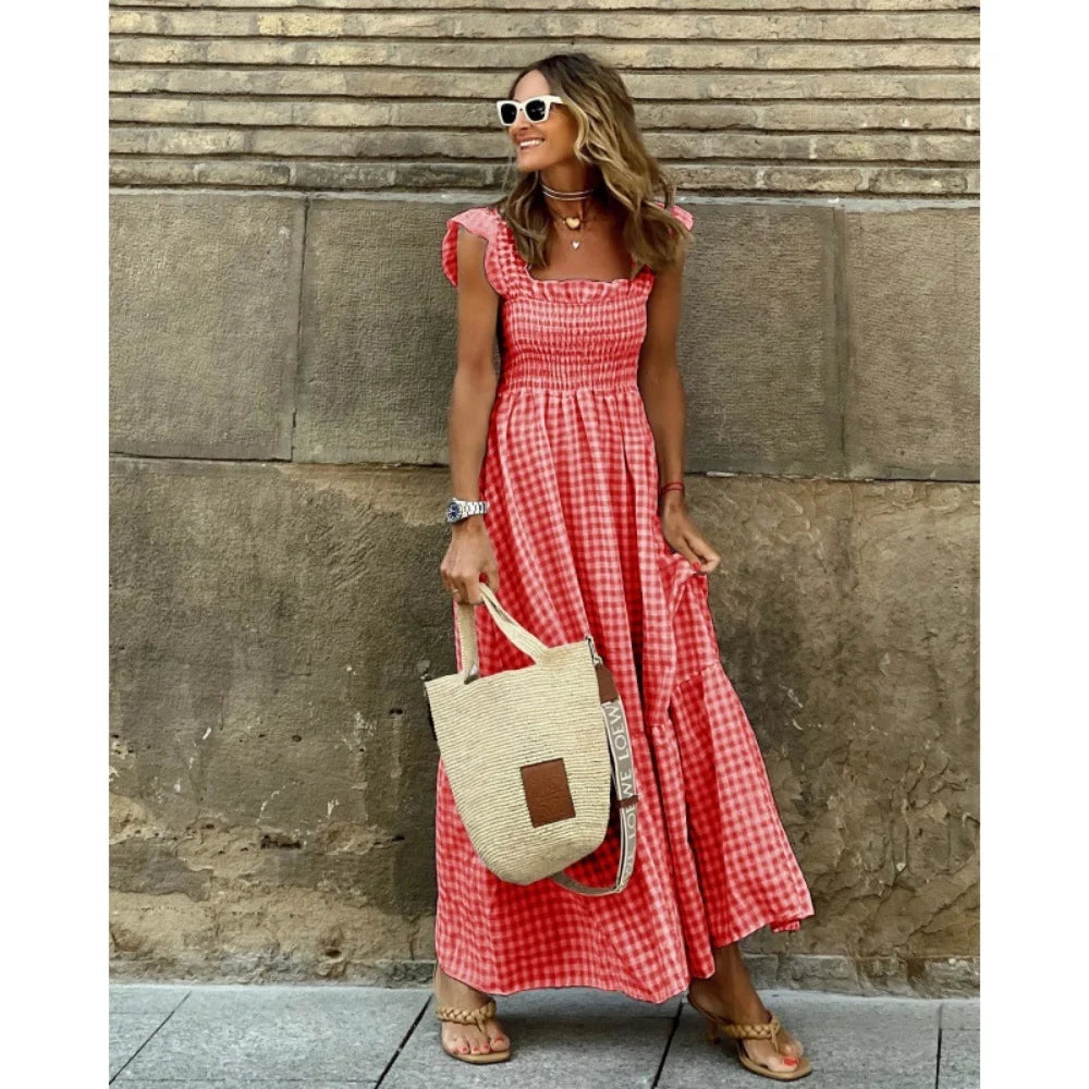 Luxury Ruffle Fly Sleeve Long Dress Square Neck Plaid Dress Casual Retro Beach /Holiday /Party. Vestidos S-3X