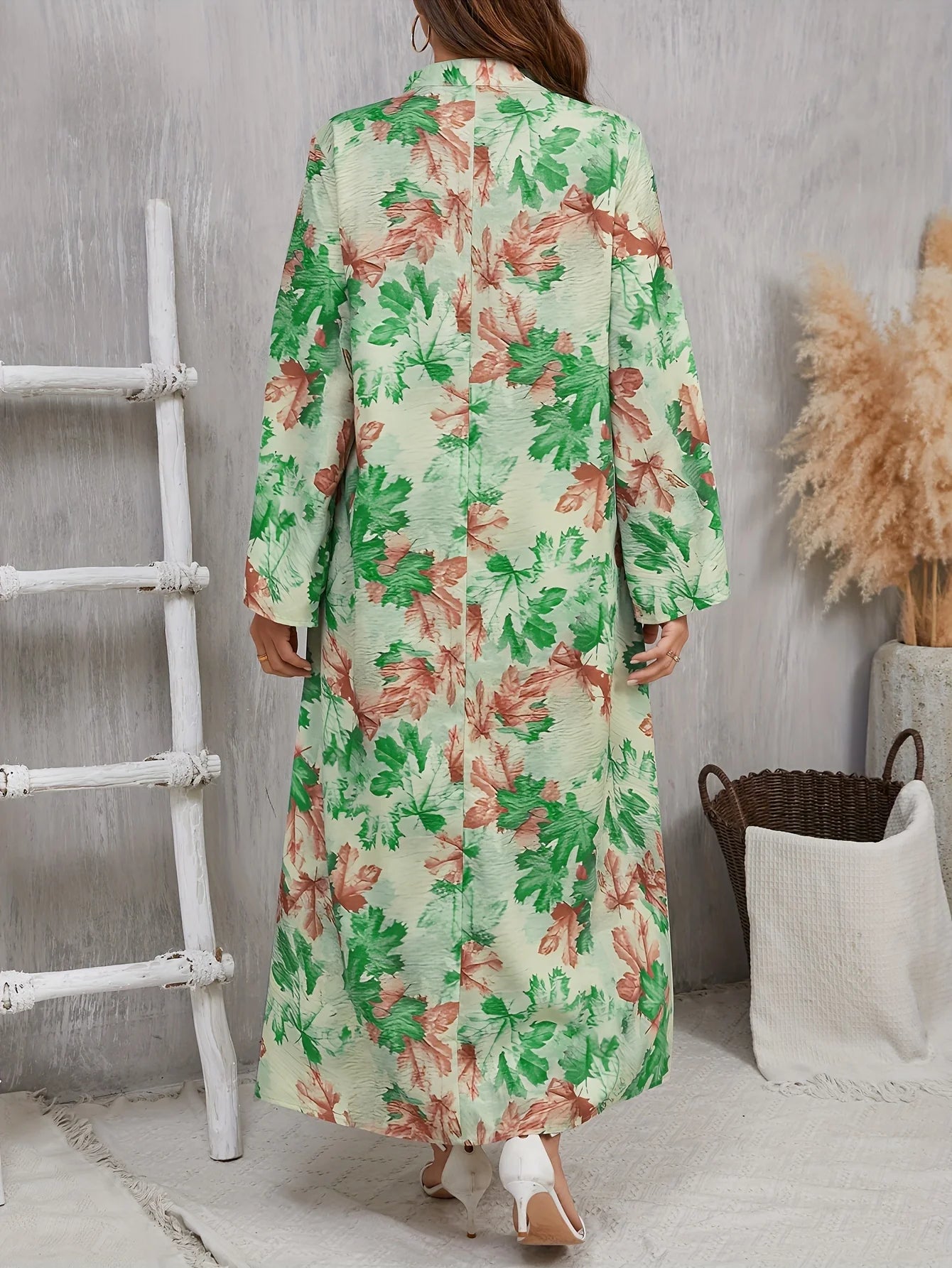 Plus Size 1XL-5XL V-neck Dress Beautiful Maple Leaf Print Loose Straight Elegant Dress