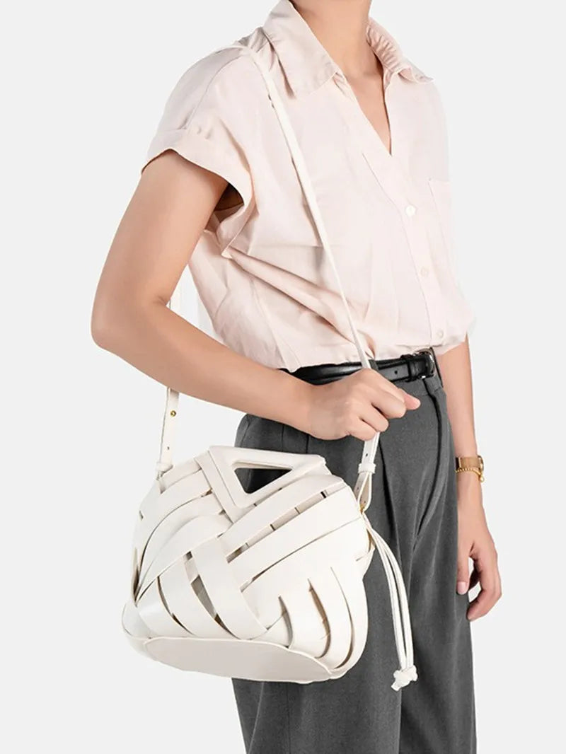New Design Luxury Fashion Woven Genuine Leather Handbag French Portable Retro Trend Shoulder Bag