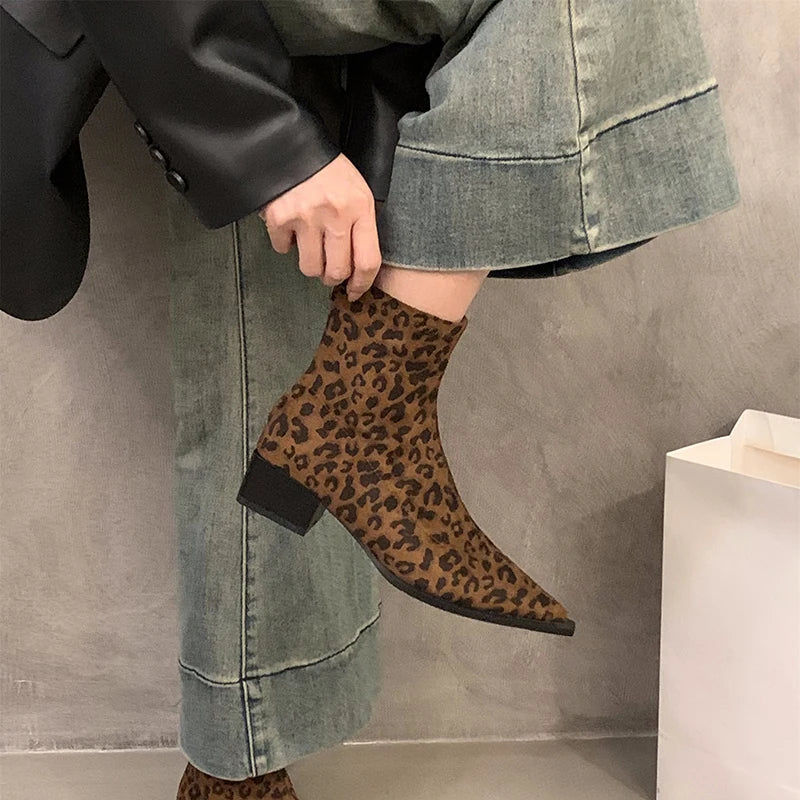 Designer Leopard Women Ankle Boots Fashion Pointed Toe Short Booties Ladies Concise Square Heels Shoes
