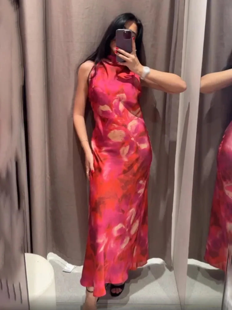 TRAFZA Women 2025 Spring New Silk Satin Texture Print Sleeveless Midi Dress Female Light Luxury Elegant Slim Long Dress Mujer