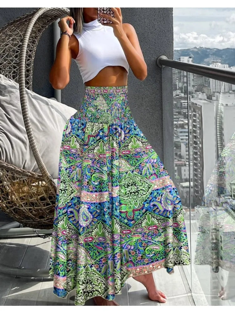 Women Fashion Floral Print Bohemian Elastic High Waist Skirt. S-2x