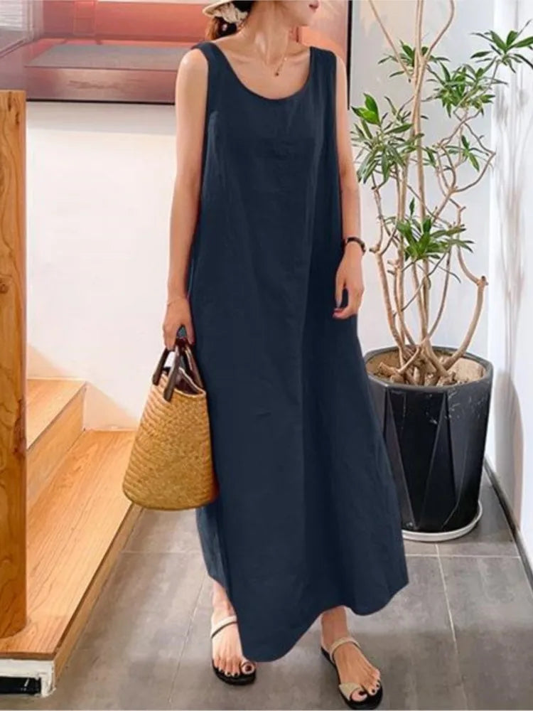 Fashion Cotton And Linen Simple Women's Long Dress Summer Casual Loose Pocket O-neck Elegant Women's Sundress. S-4X