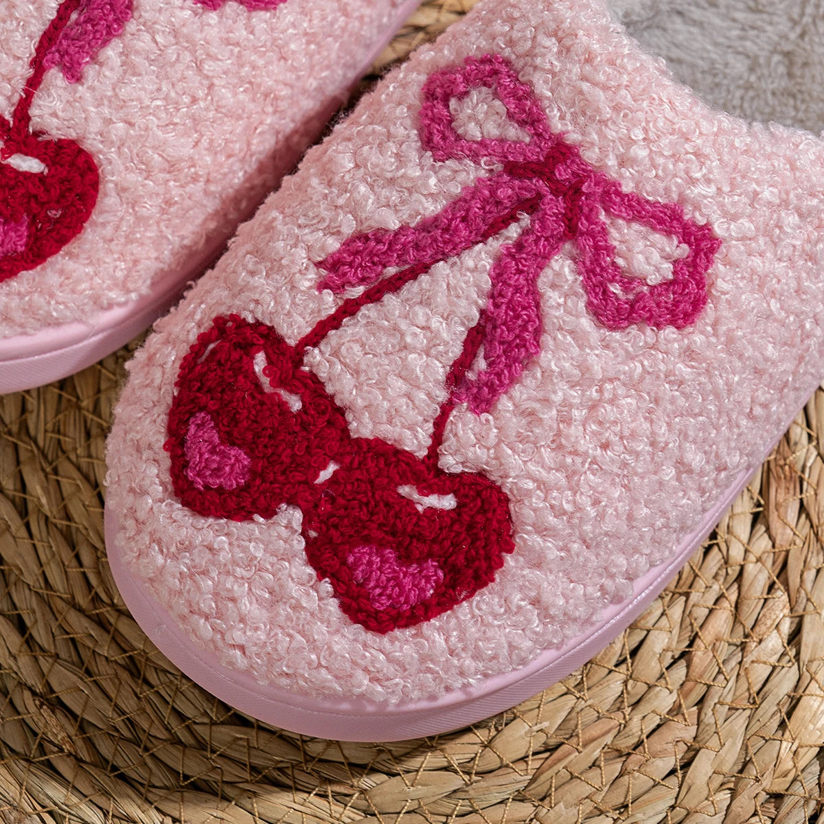 Women's Cherry Bow Fuzzy Slippers - Cute Winter Home Shoes