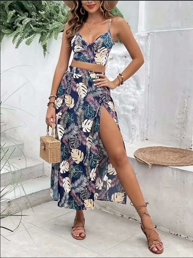 Women Sleeveless Low Cut V-Neck Printed Dress High Slit Sexy Trendy Skirt And Top Set Light Elegant Summer Set. S-2X