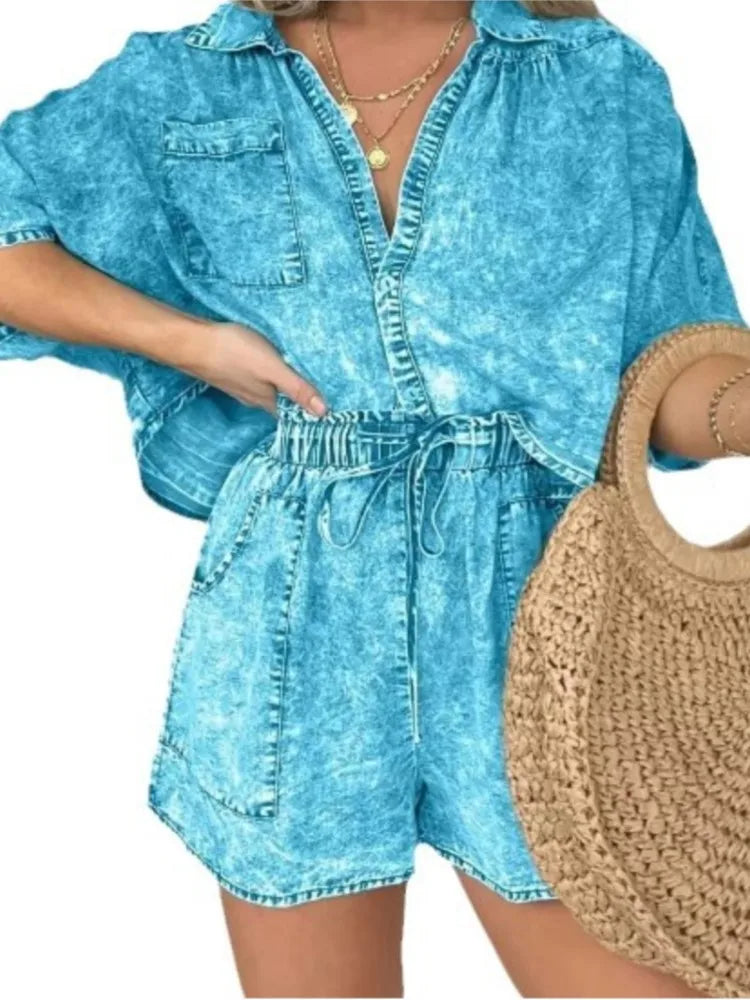 Fashion Vintage Simple Fashion Pocket Casual Loose 2 Piece Set. S-3XL