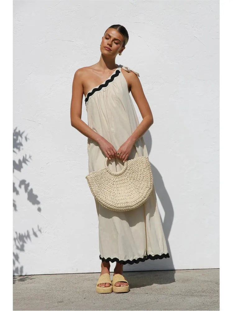 Casual Dress 2025 Summer New French With Sloping Shoulder Style Long Dress. S-XL