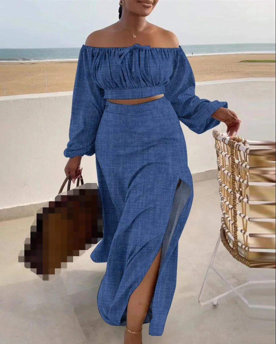 Casual Off Shoulder Sexy Slit Printed Loose Long Skirt Two Piece Set For Women Vacation Summer Outfit. S-3X