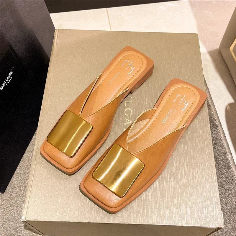Women Fashion Metal Buckle Mules Flat Heels Square Toe Shallow Slides.