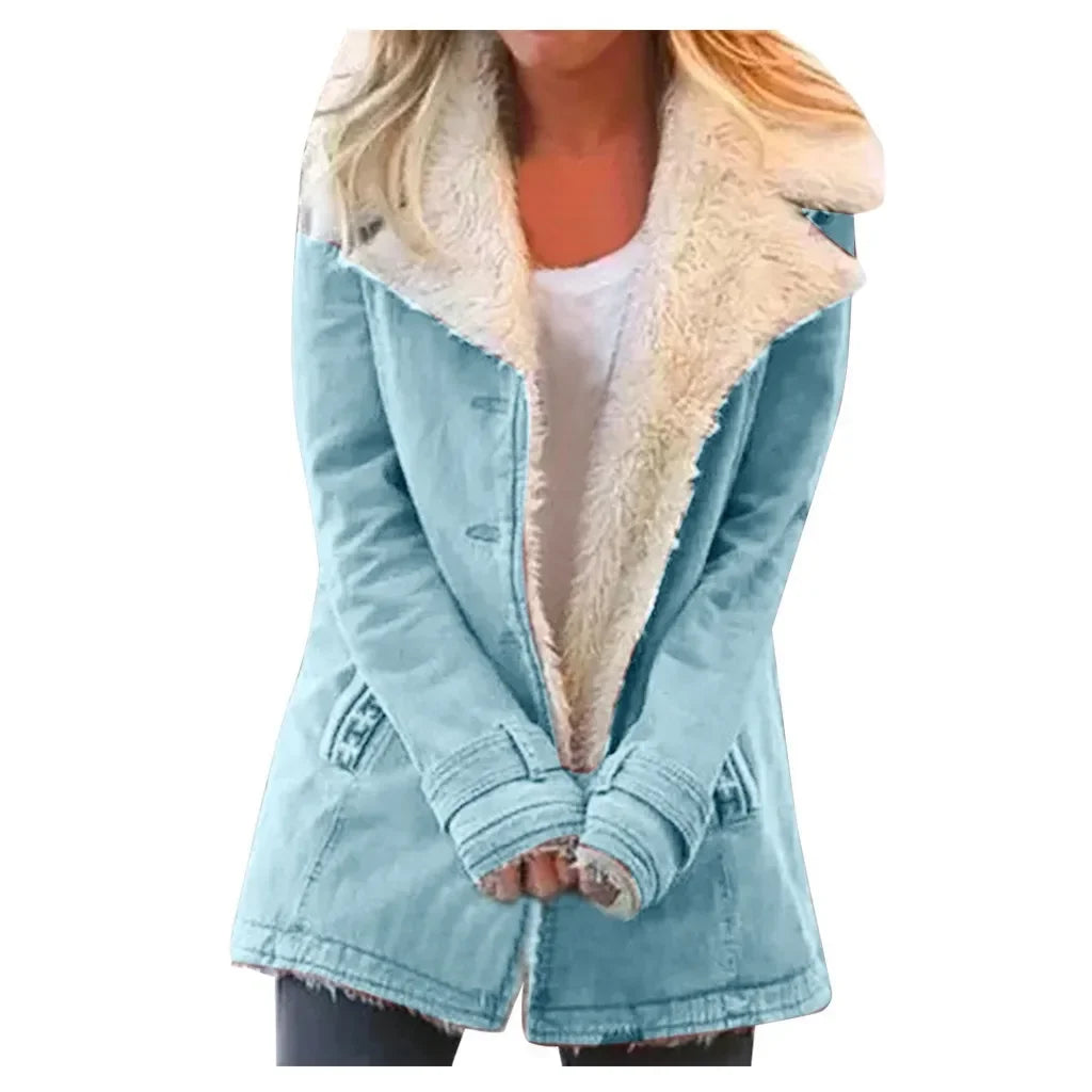 Women Autumn Winter Solid Color Plush Lapel Fashion Casual Jacket. S-3X