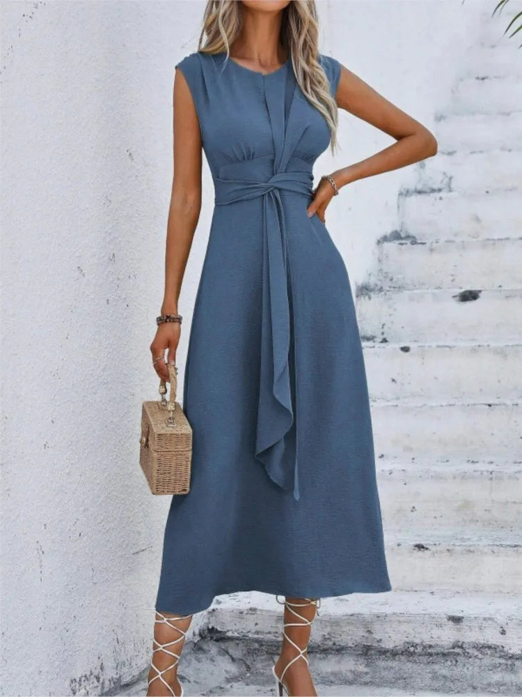 Women's Summer Solid Color Waistband Long Sleeveless Slim Elegant Dress 2025. S-2X