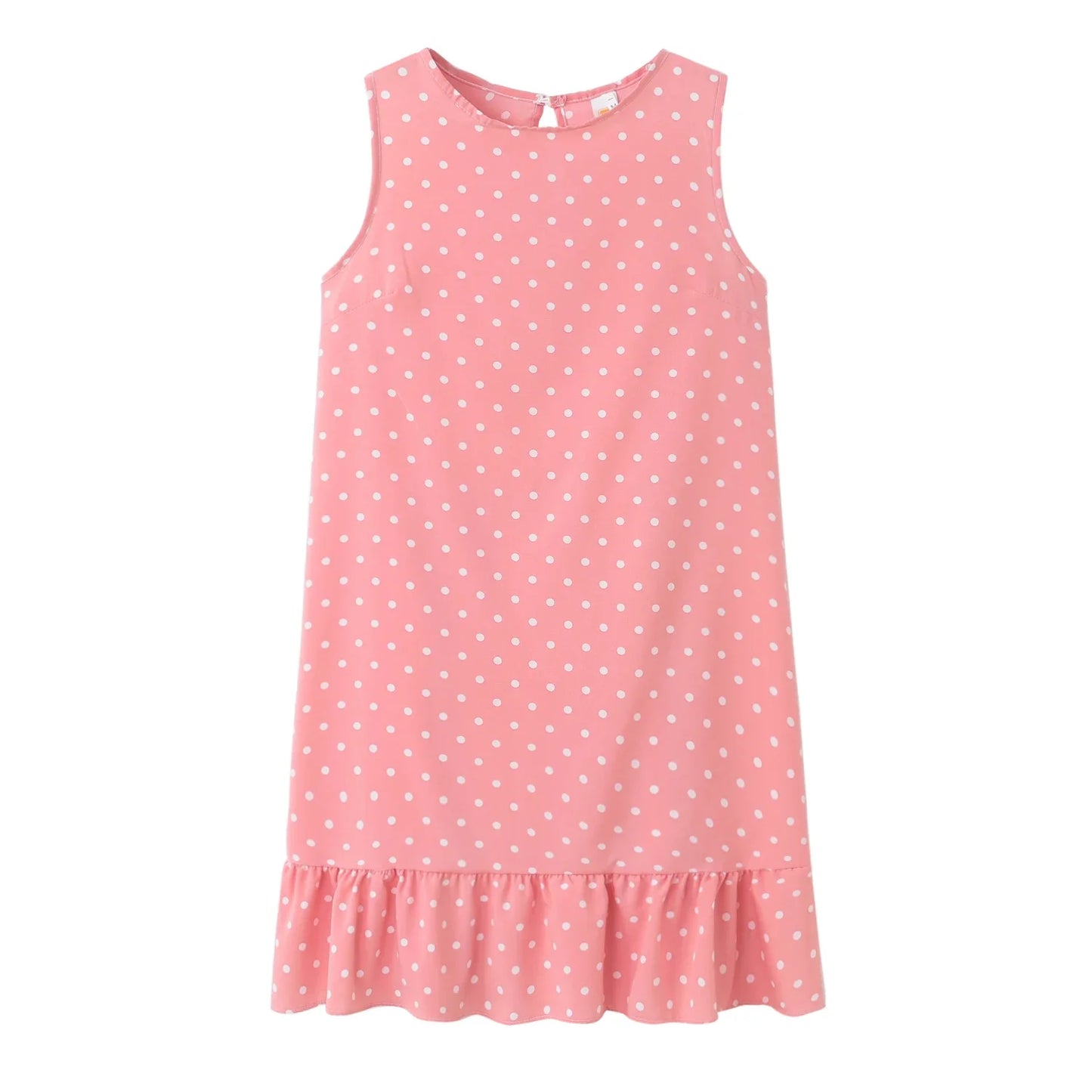 Ruffled Polka Dot Dress Sleeveless, Round Neck, Loose Hem, S-2X