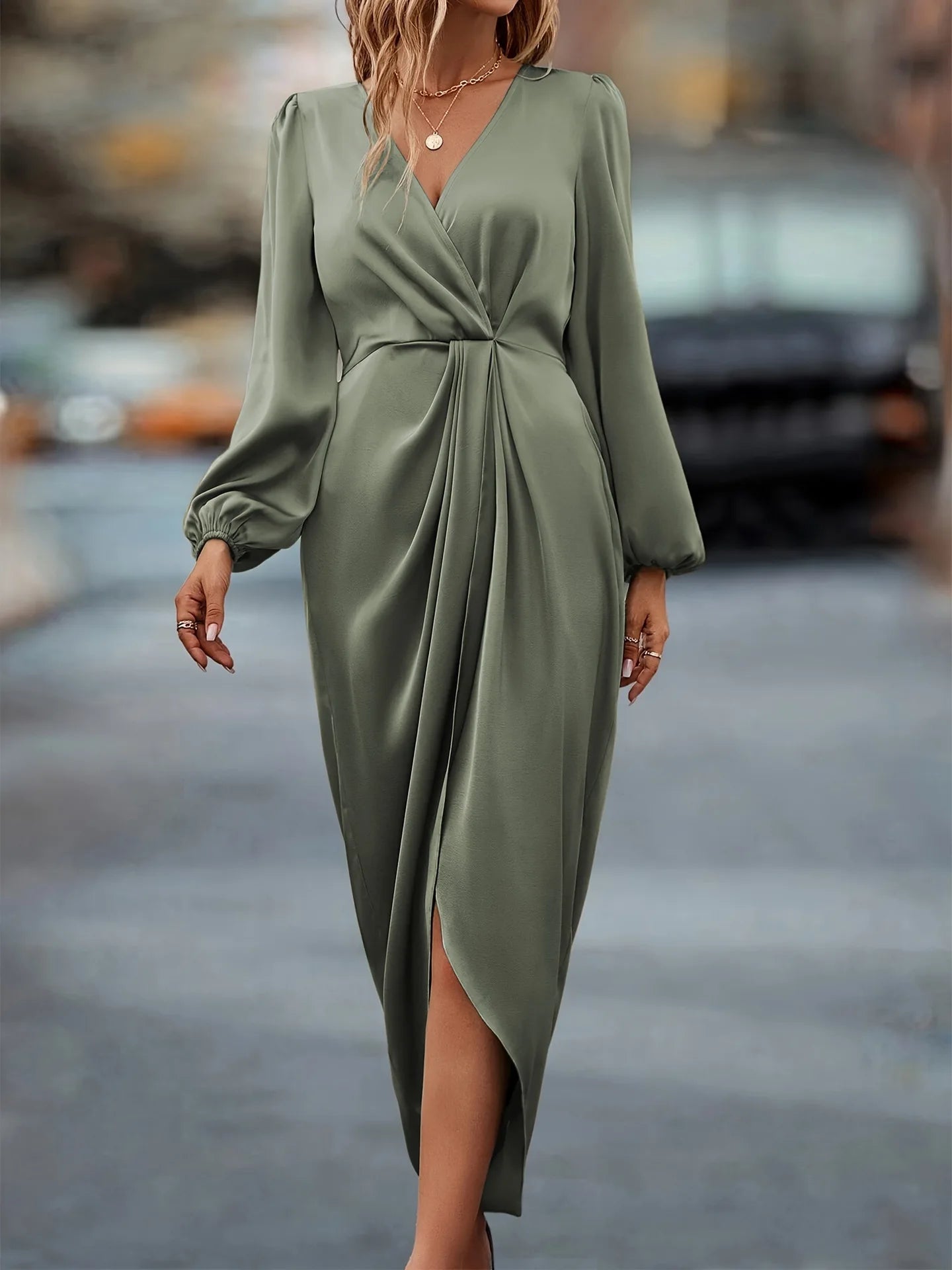 New Elegant Women's Maxi Dress With Folded Pleats Irregular Long Sleeves Dress .