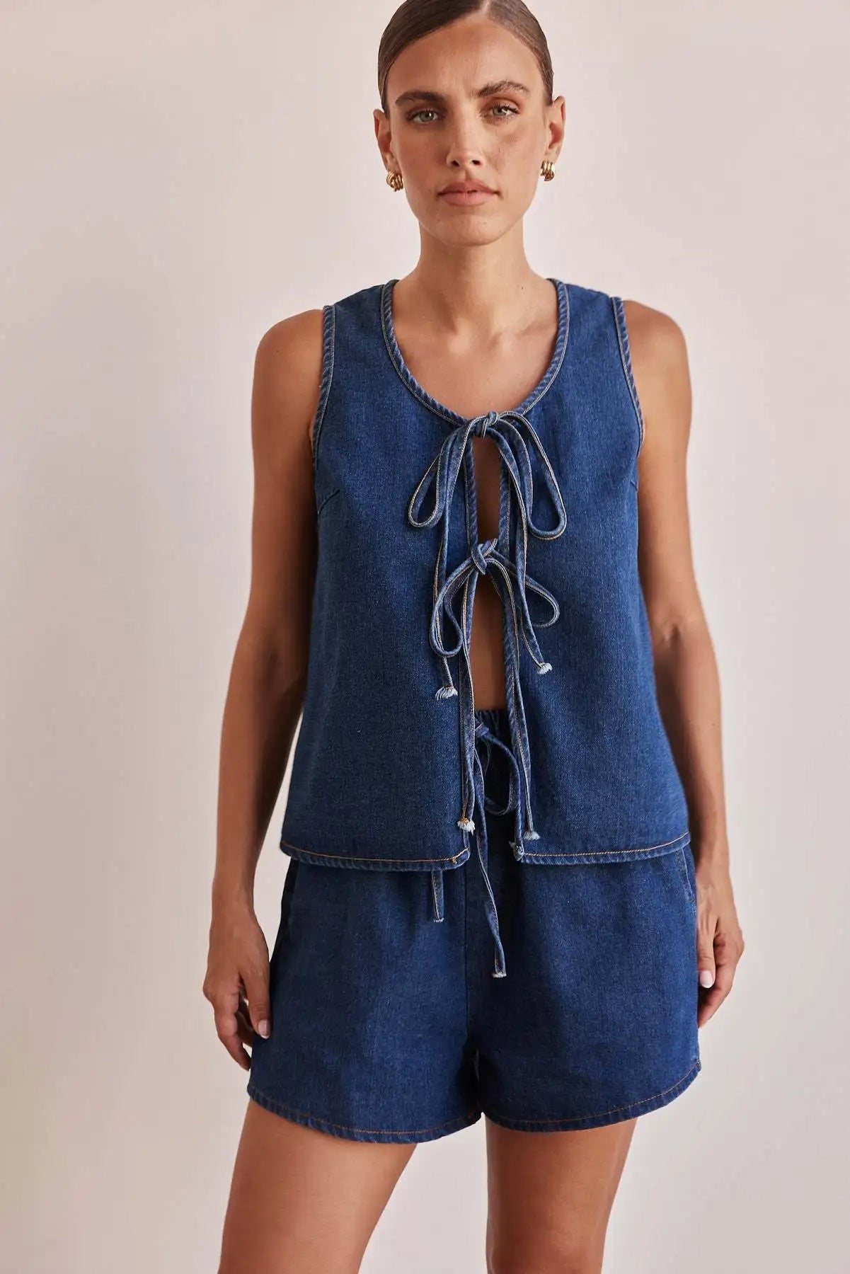 Denim 2 Piece Casual 2025 Sleeveless Tank Top Lace Up High Waist Shorts Suit. S-XXL