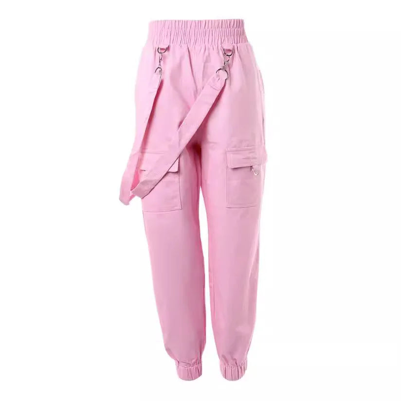 Cargo Pants Casual Trousers Solid Colour Trendy Street-Wear Pocket Design And Suspenders. Sz S-2x