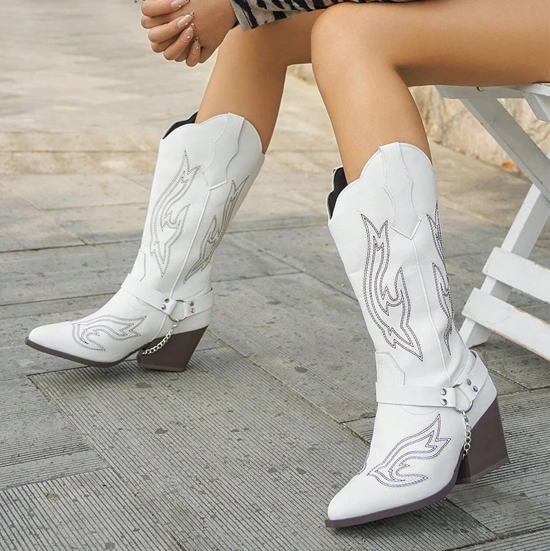 2025 Spring Retro Cowboy Boots Women Western Pu Leather Point Toe Boots