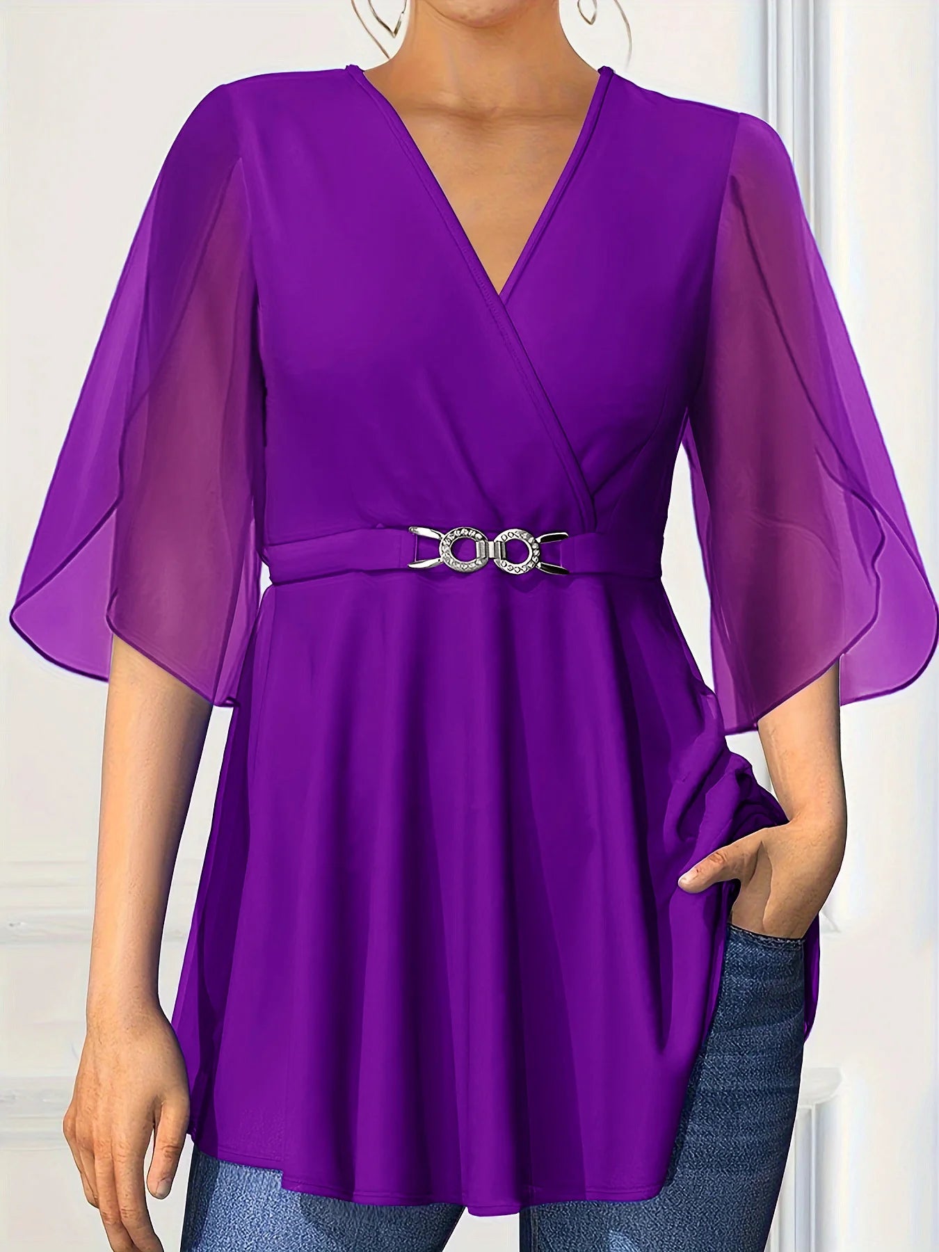 Women's Plus Chiffon Blouse Half Sleeve Split V-Neck with Belt Ruched Casual Vintage Blouse