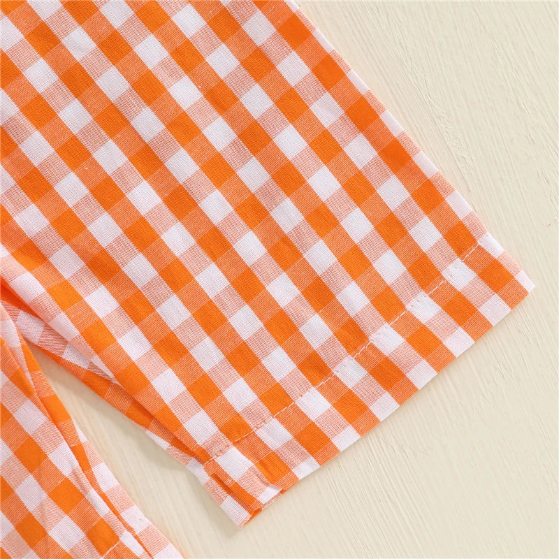 Toddler Baby Girls Boys Halloween Outfit Pumpkin Embroidered Short Sleeve T-shirts Plaid Elastic Waist Pants 2 Piece Set