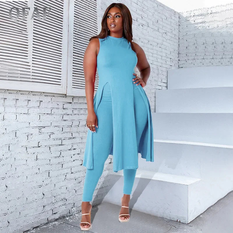 Elegant Plus Size Women's Set Split Hem Long Tank Top and Leggings Two 2 Piece Set