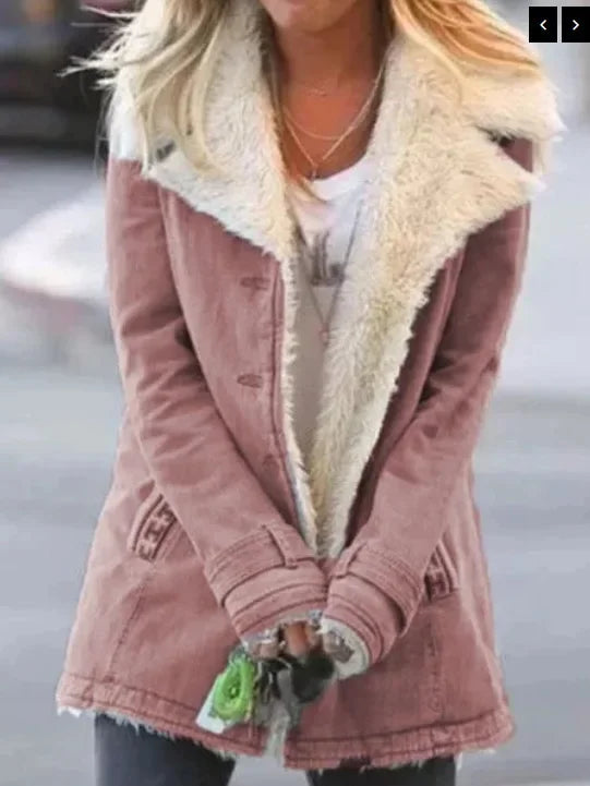 Women Autumn Winter Solid Color Plush Lapel Fashion Casual Jacket. S-3X