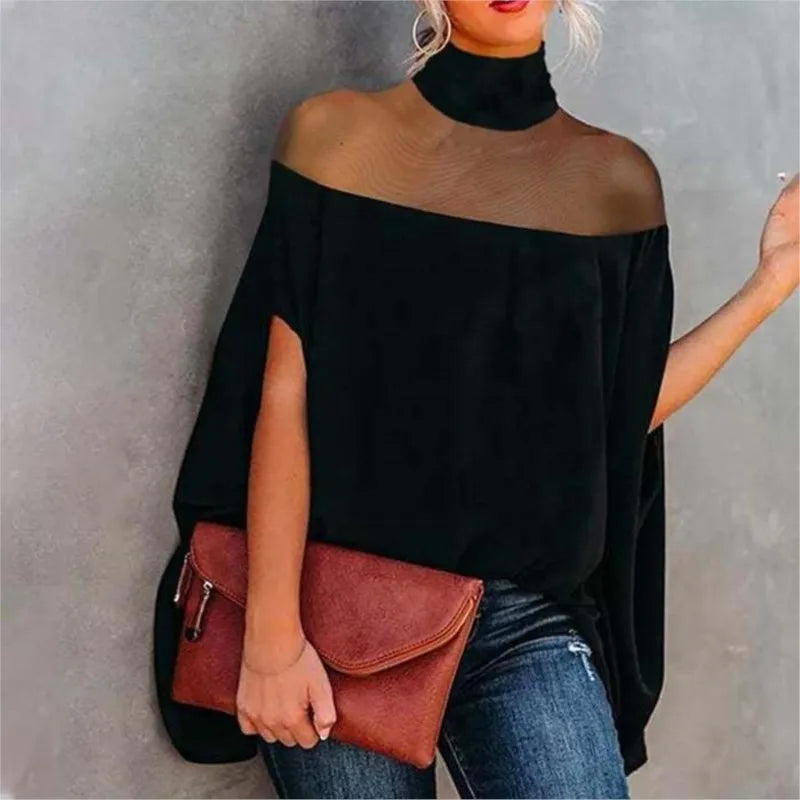 Women's Elegant Sheer Mesh Patchwork Mock Neck Top Loose Fit Casual Batwing Half Sleeve. S-1X