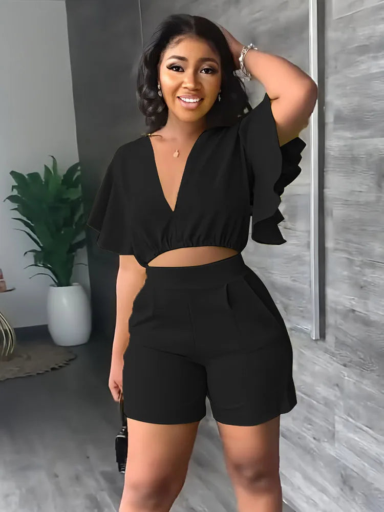 Summer V Neck Short Top And Shorts Set Set, Solid Colour Fashion Short Sleeved Casual Set. S-2x