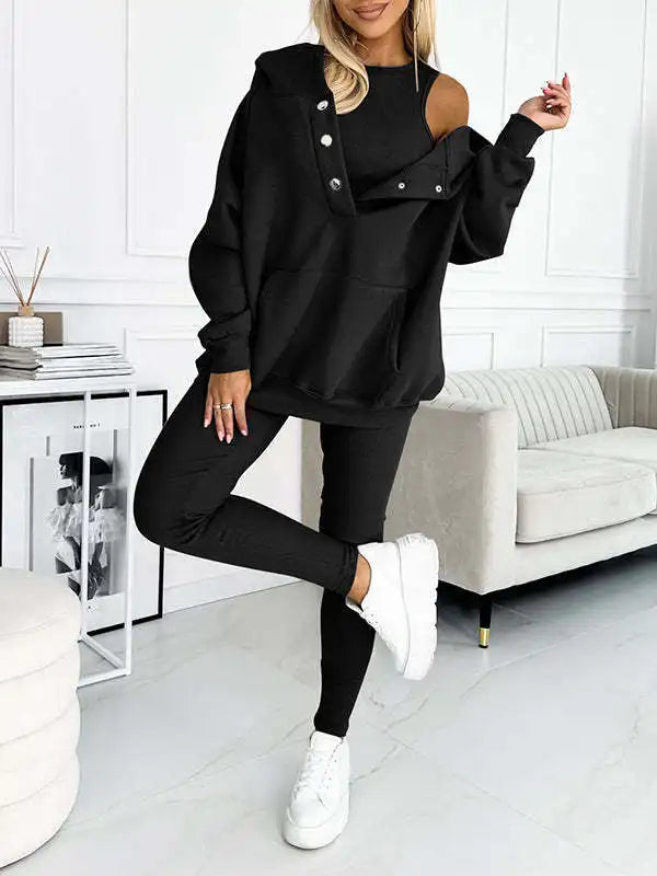 Women Hooded Long-sleeve Pocket Pullover 3-piece Hoodie Vest Pants Set Soft Thick Warm Sweatsuit . Sz: S-3X