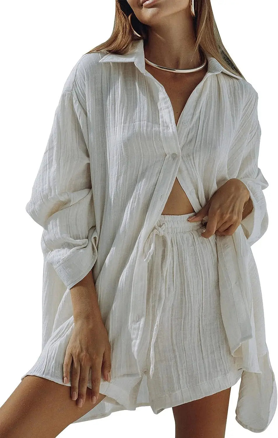Ladies Shirt And Short Two Piece Set, Fashion Solid Long Sleeve Shirt Casual Loose Shorts. S-2x