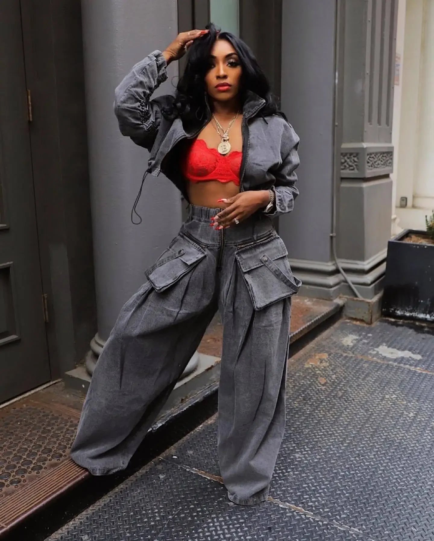 Ladies Fashion Sexy Retro Women's Casual Wide Leg Loose Heavy Duty Denim Two-piece Set. S-2x