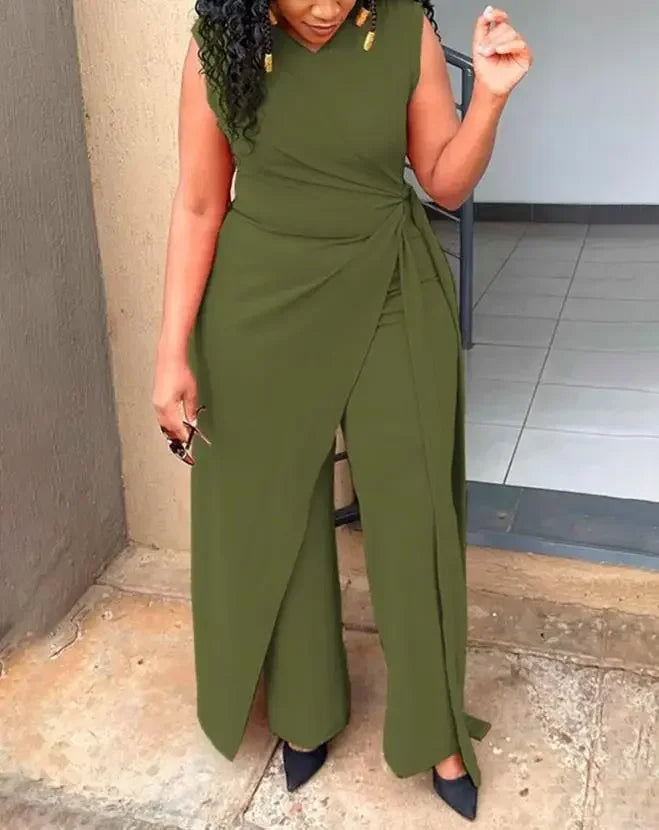 Women's Jumpsuit Summer Fashion Tied Detail V-Neck Casual Plain Sleeveless Asymmetrical Long Jumpsuit . S-2x