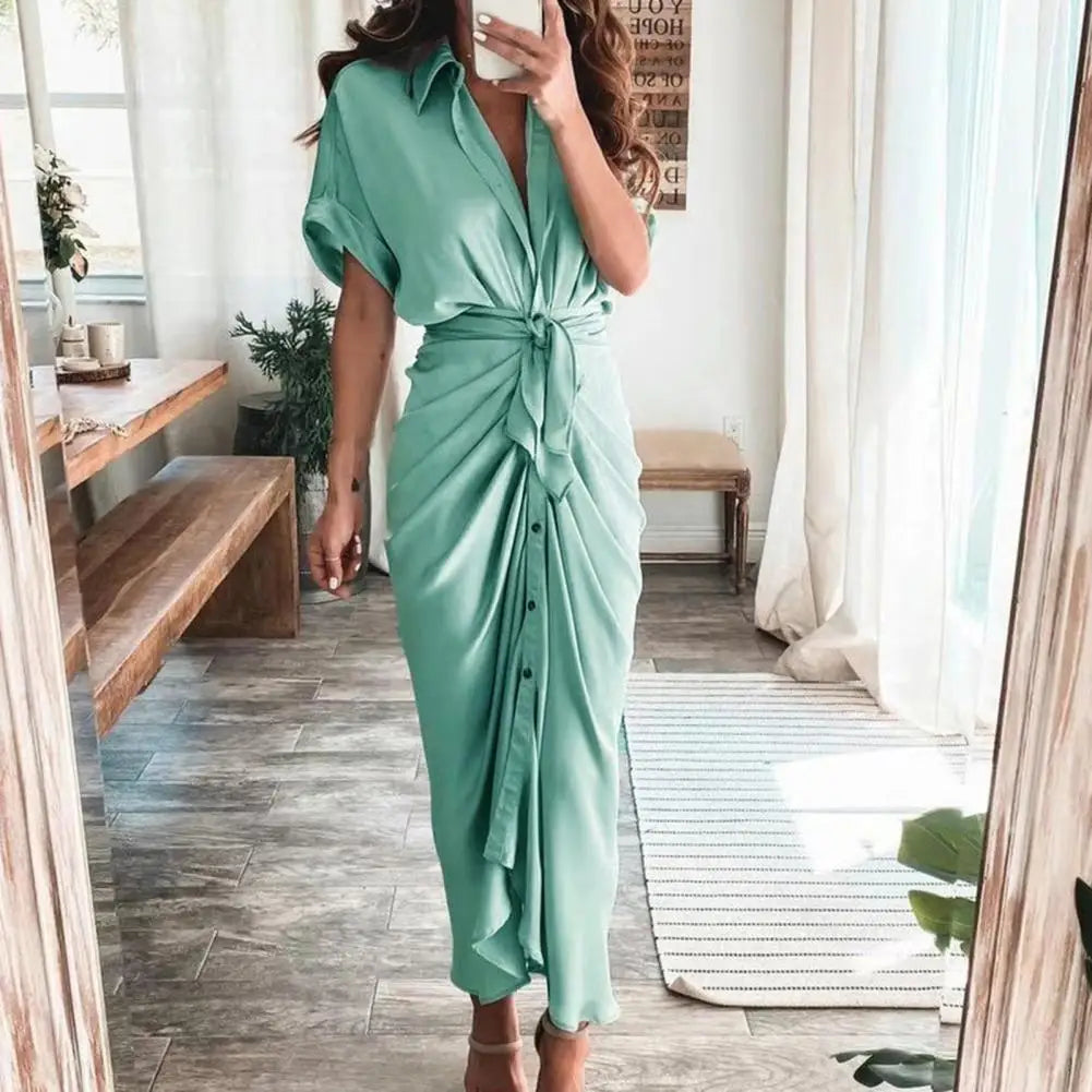 Summer Fashion Printed Short Sleeve Dress Vintage Waist Tie-up Button Bandage Long Dress. S-3x