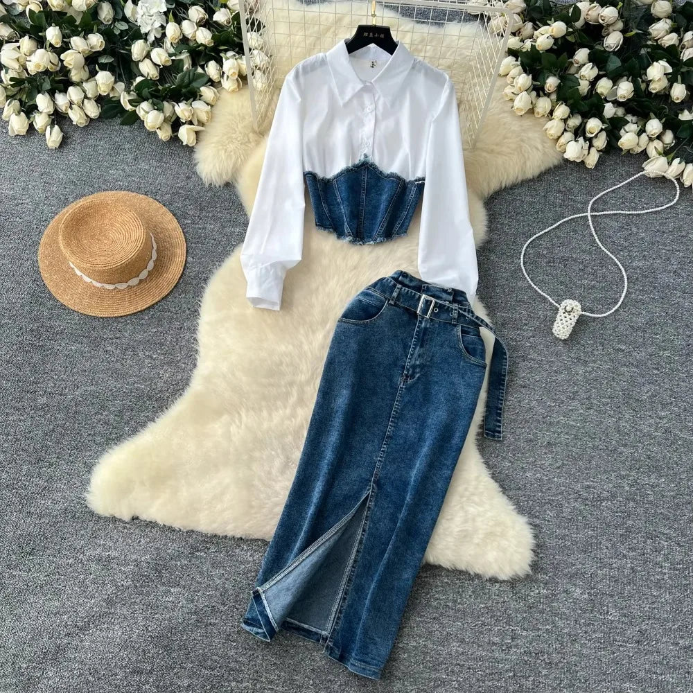 Women Two-Piece Western Style Shirt and High Waist Split Skirt.