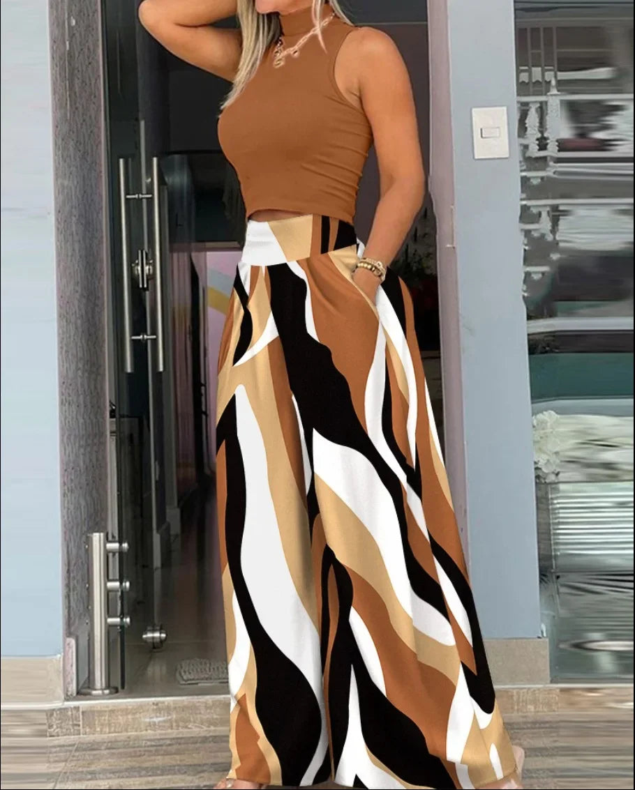 Ladies Elegant Two Piece Pant Set Sleeveless Turtleneck Top Pockets High Waist Wide Leg Pants. S-3x