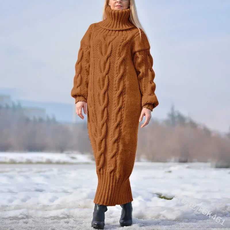 2025 Autumn Winter Solid Colour Turtleneck Pullover Twisted Loose Knitted Sweater Long Sweater Dress for Women. S-5X