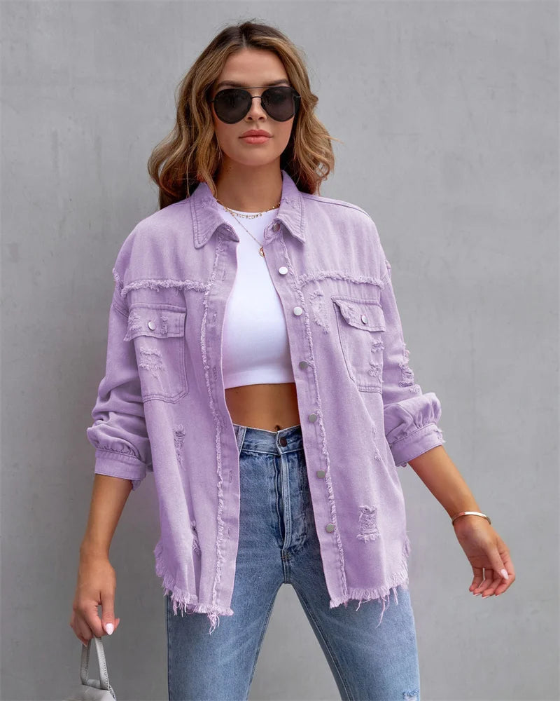 Raw-edged Denim Jacket Shirt Style Denim Casual Outerwear. S-2x