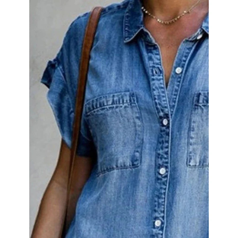 Summer New Single Breasted Denim Shirt Dress Casual Loose Pocket Simple Retro Denim Dress. S-5X