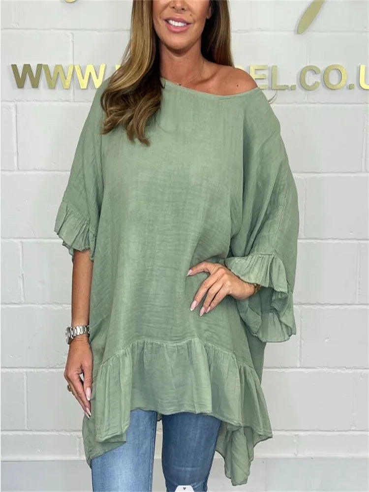 Plus-size women's Blouse ruffled fashion elegant bat sleeve loose solid colour. L-5X