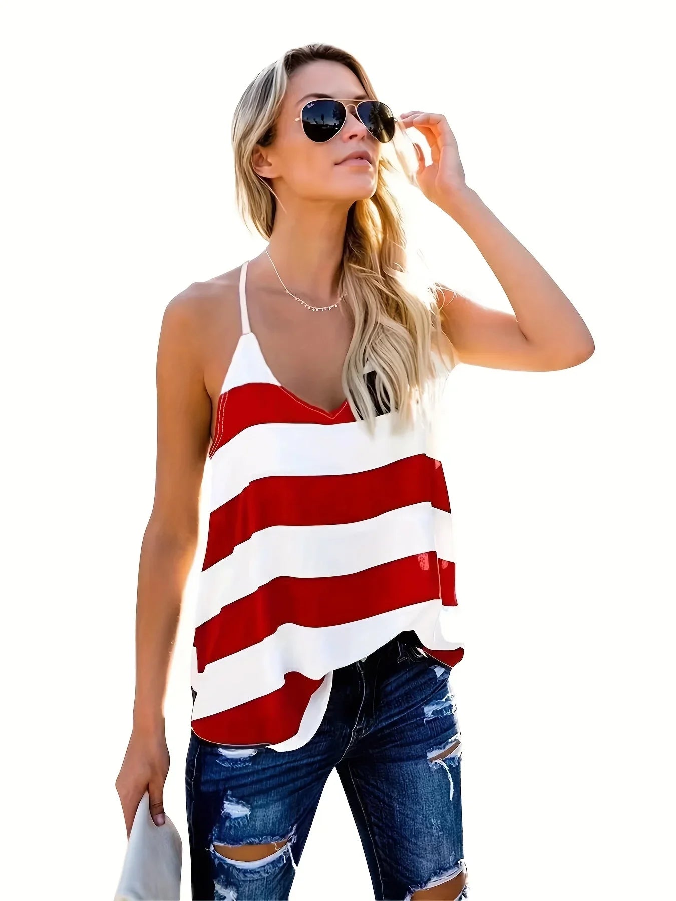 S-XXL Women's Basic Stripe Adjustable Spaghetti Strap V Neck Tank Top