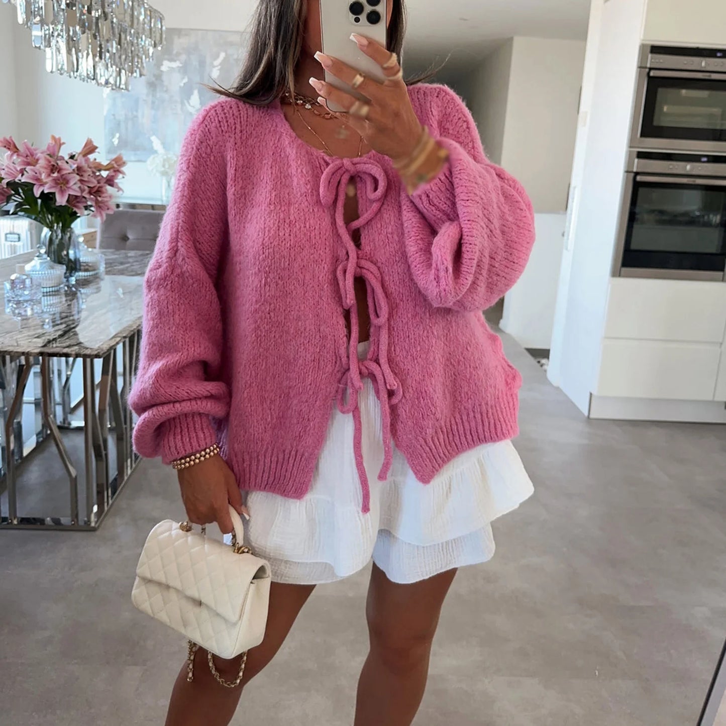 Knitwear Lace-Up Hollow Out Cardigan Fashion.
